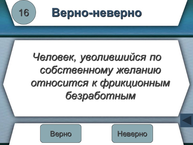 Верно-неверно Человек, уволившийся по собственному желанию относится к фрикционным безработным 16 Неверно Верно